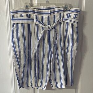 Boden White and Blue Striped Paperbag Waist Shorts
